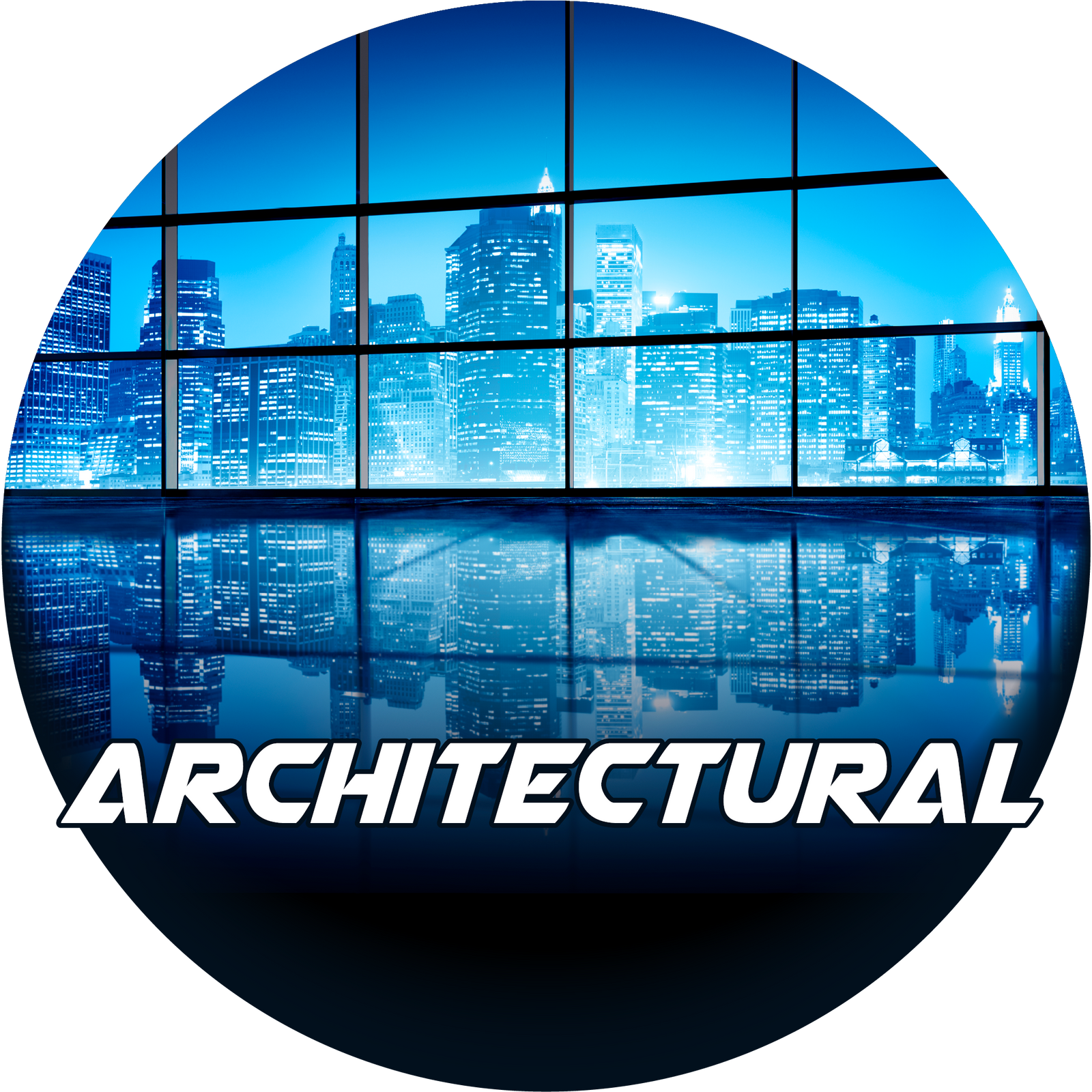 Circular image of a tinted window showing a city skyline at night with 'Architectural' text overlay.