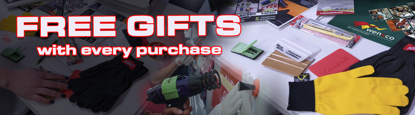 Tools on a tabletop - FREE GIFTS with every purchase 